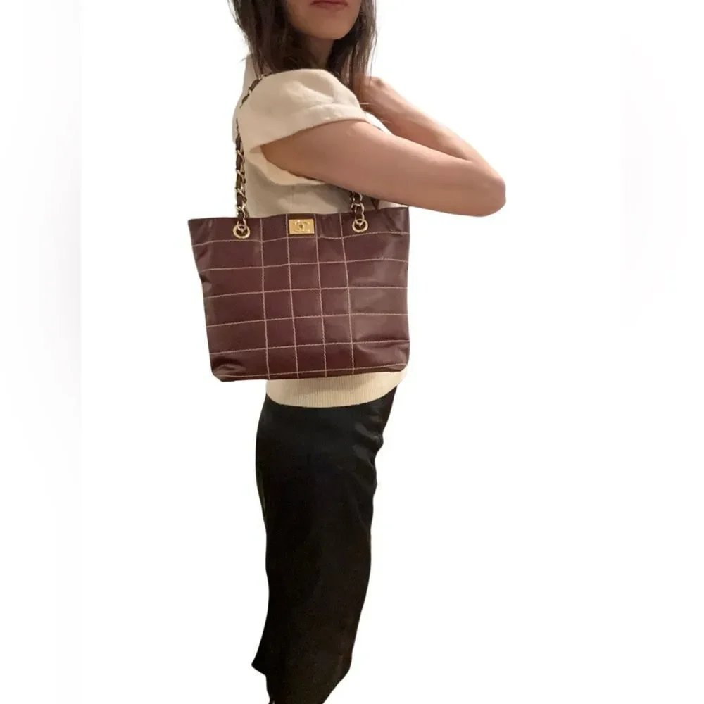 CHANEL Quilted Brown Leather Tote with Gold Chain Handles